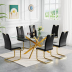 Henf Glass Dining Table Set for 6, 7 Piece Modern Kitchen Table and Chairs for 6,Gold Dining Room Table Set with 61" Glass Dinner Table & 6 Black Faux Leather Chairs for Small Space,Home, Apartment