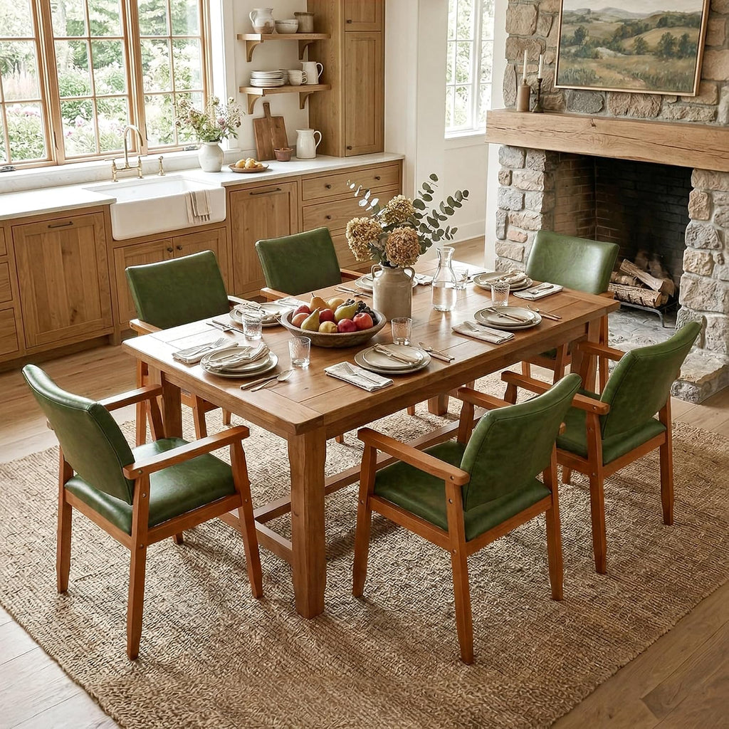 NOBPEINT Mid-Century Modern Dining Chairs with Armrest Set of 2, PU Leather Upholstered Dining Room Chairs with Solid Wood Frame, Walnut Kitchen Armchairs for Kitchen Living Room Restaurant, Green