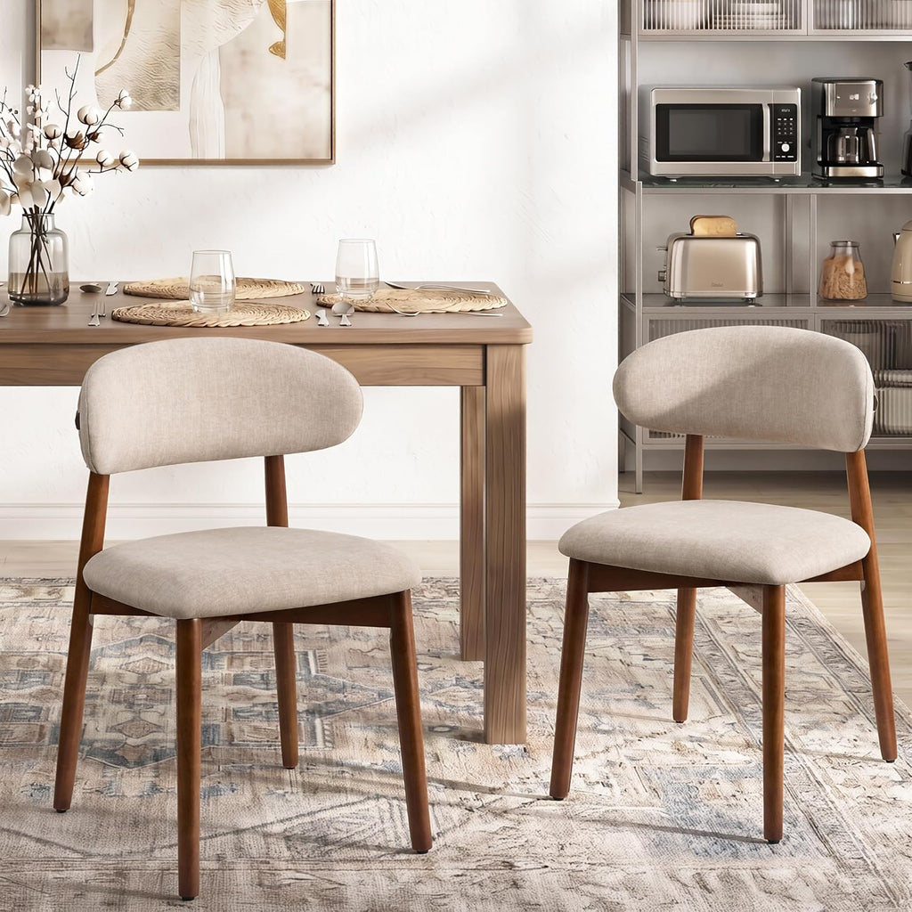Mid Century Modern Dining Chairs Set of 4, Farmhouse Wooden Fabric Upholstered Kitchen Chairs with Curve Back, Dining Room Chairs for Living Room Restaurant Cafe with Brown Legs, Camel