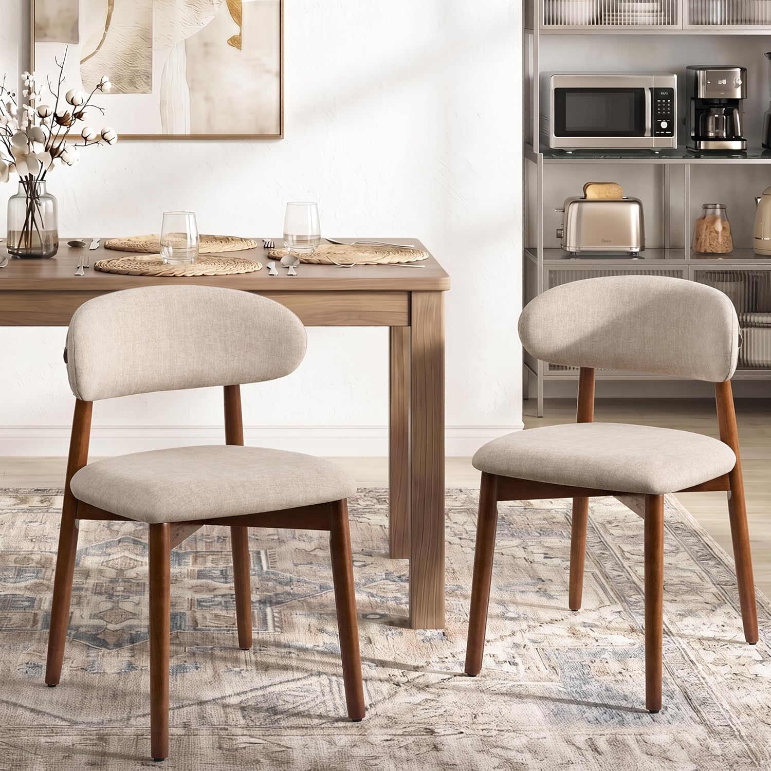 Mid Century Modern Dining Chairs Set of 4, Farmhouse Wooden Fabric Upholstered Kitchen Chairs with Curve Back, Dining Room Chairs for Living Room Restaurant Cafe with Brown Legs, Camel
