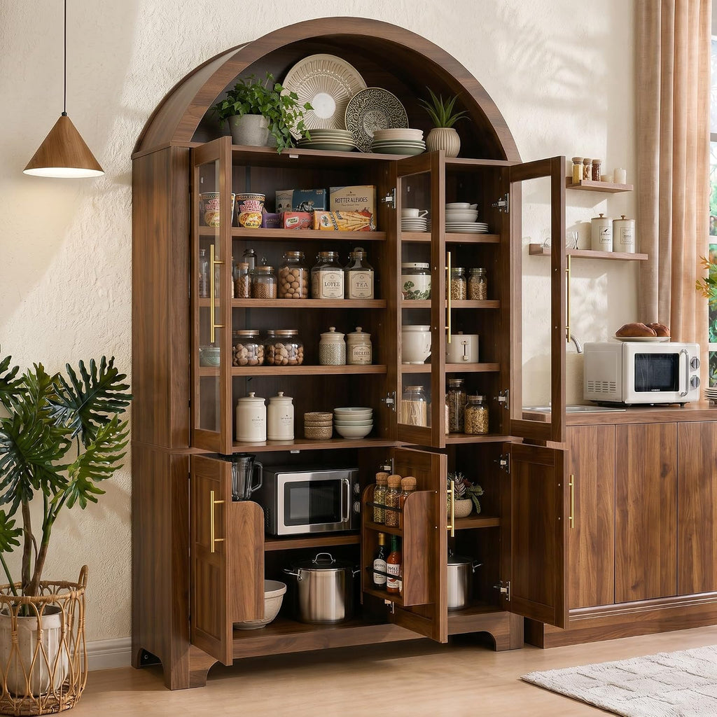 73" Tall Arched Kitchen Pantry with Three Glass Doors,Door Shelves & Adjustable Shelves, Tall Cupboard for Dining Room, Bathroom (Walnut-CW)