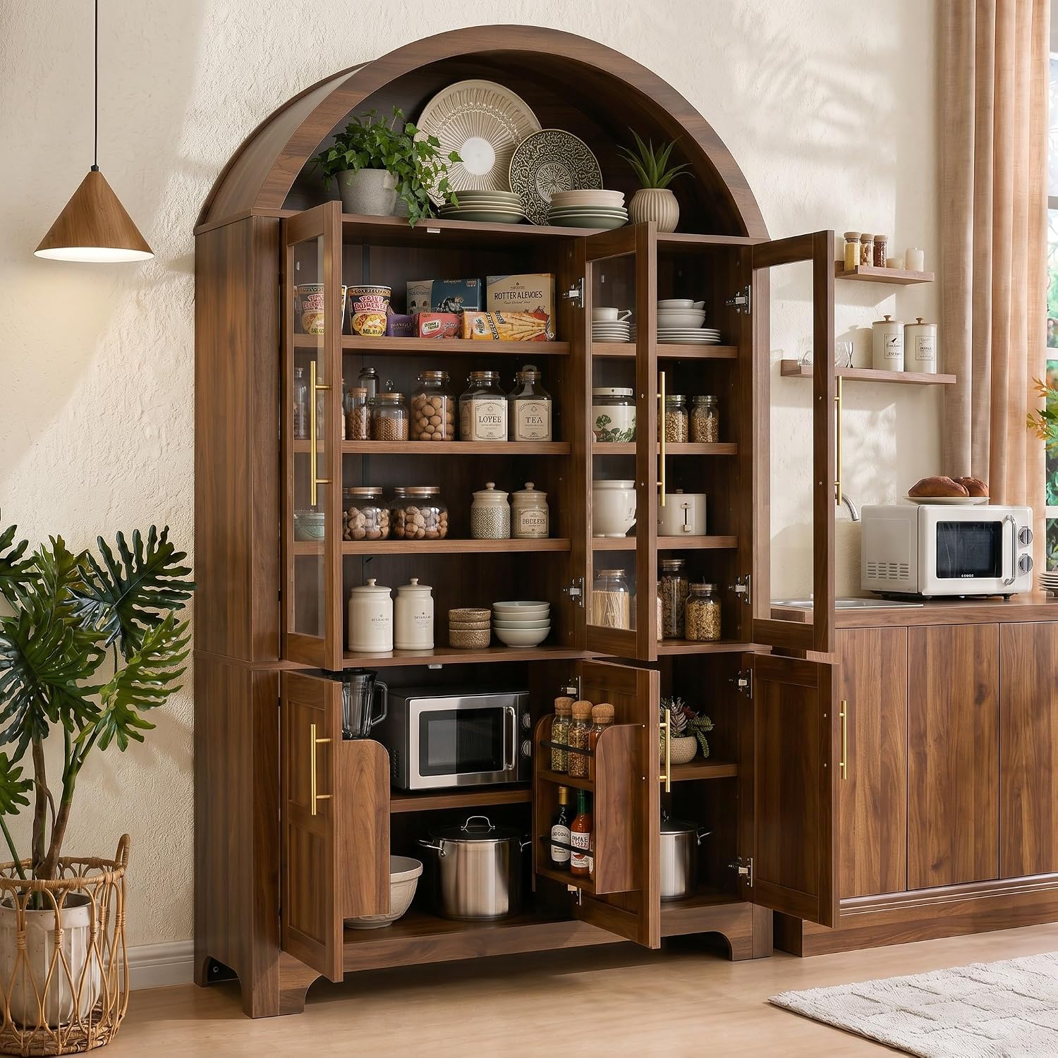 73" Tall Arched Kitchen Pantry with Three Glass Doors,Door Shelves & Adjustable Shelves, Tall Cupboard for Dining Room, Bathroom (Walnut-CW)