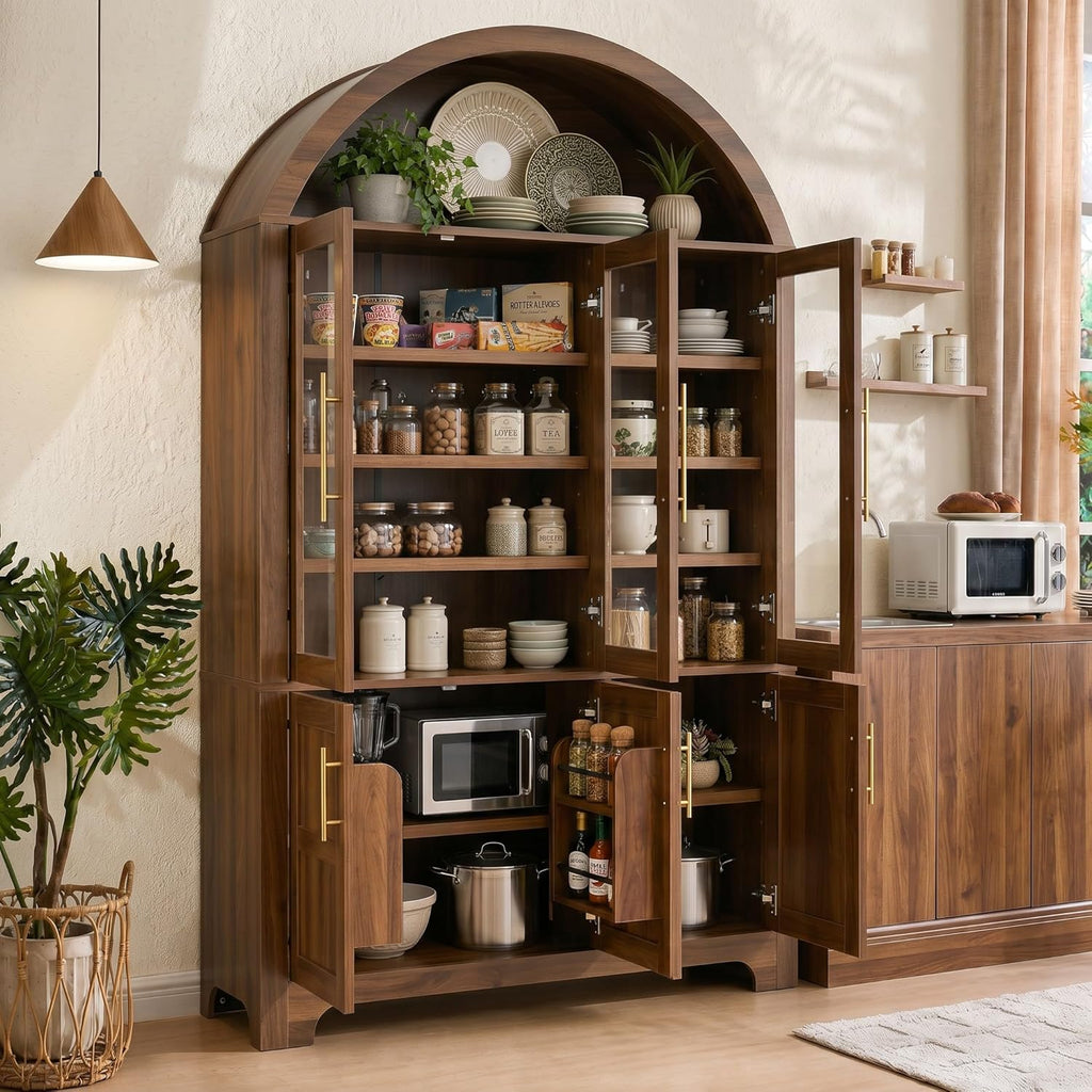 Merax 72.8" H Arched Kitchen Pantry with 3 Glass Doors, Kitchen Cabinet with Door Shelves and Adjustable Shelves, Wooden Cupboard for Dining Room, Living Room or Kitchen, Walnut