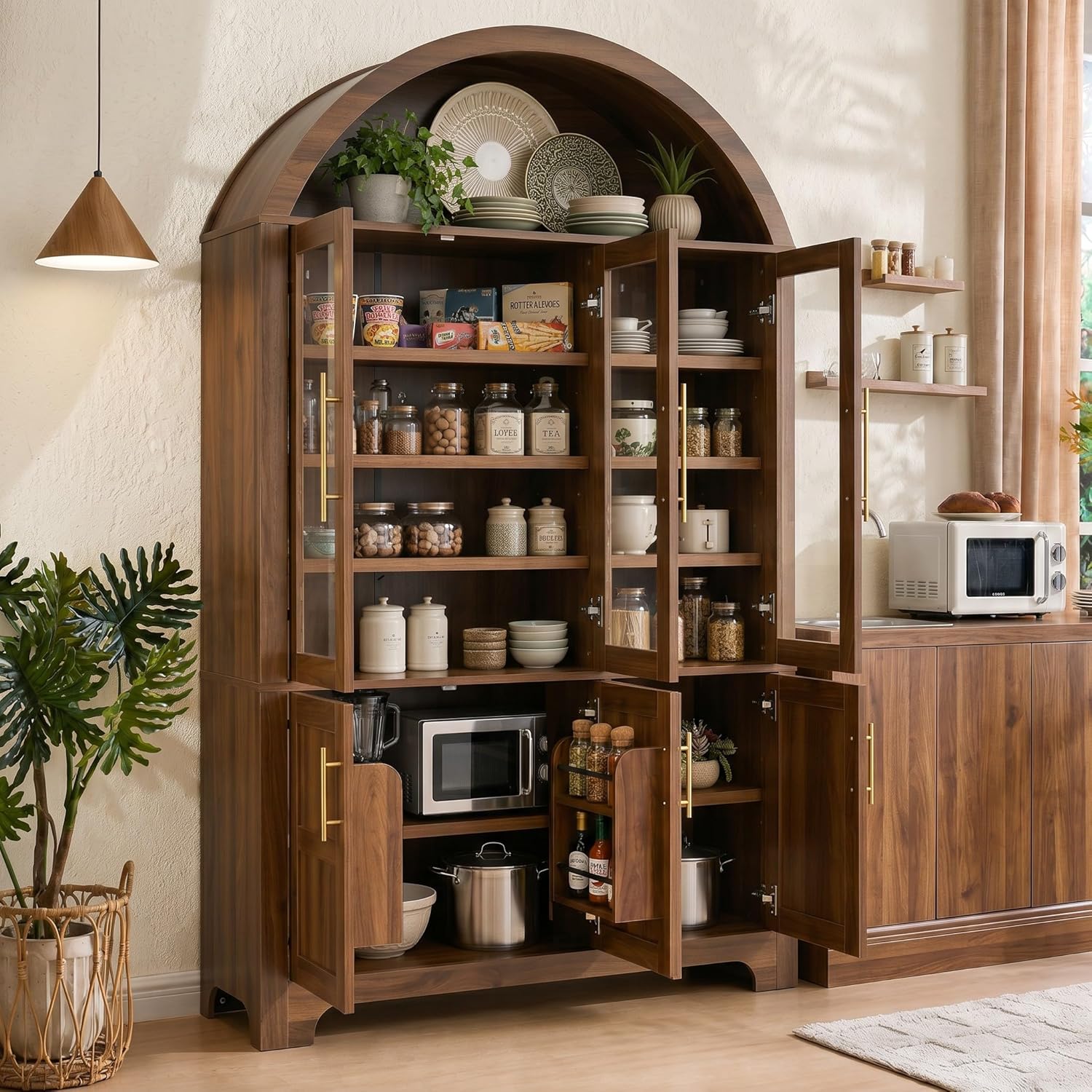 Merax 72.8" H Arched Kitchen Pantry with 3 Glass Doors, Kitchen Cabinet with Door Shelves and Adjustable Shelves, Wooden Cupboard for Dining Room, Living Room or Kitchen, Walnut