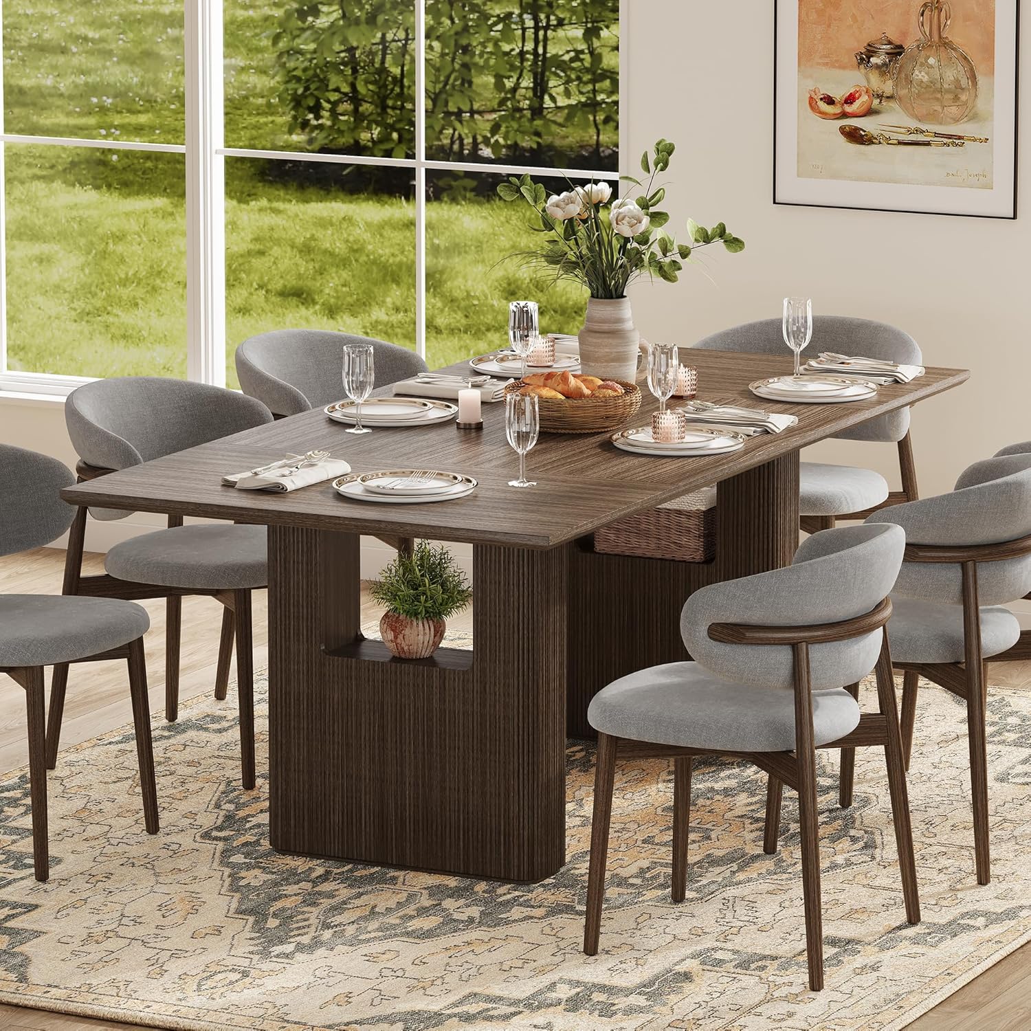 78.5 Inch Dining Table for 4-10 People, Long Large Kitchen Table with Wood Strip Base, Rectangular Kitchen Table, Modern Farmhouse Rectangle Kitchen Dinner Tables for Dining Room Kitchen Living Room