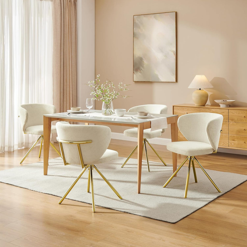 Art Leon Swivel Dining Chairs Set of 2 - Modern Fabric Upholstered Kitchen Dining Room Chairs, Armless Accent Chairs with Golden Metal Legs, Side Chairs for Vanity, Off White