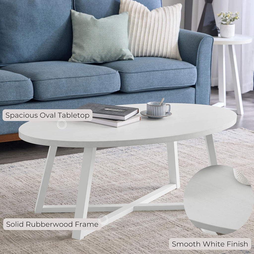 Coffee Table Set 3-Piece Oval Wood Modern | Modern 3-piece set includes oval coffee table and two round end tables. Durable MDF tops with solid rubberwood legs for