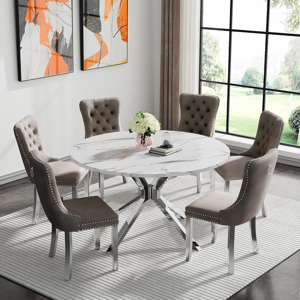47" Round Faux Marble Dining Table for 4-6, Modern White Marble Top Kitchen Table for 6, Luxury Circle Dining Room Tables with Silver X-Shape Pedestal Base