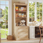 71" Farmhouse Kitchen Pantry Cabinet, Brown Freestanding Coffee Bar Hutch with Glass Doors, Drawers & Adjustable Shelves, Large Storage Cabinet with Microwave Stand for Living Room & Kitchen, Set of 3