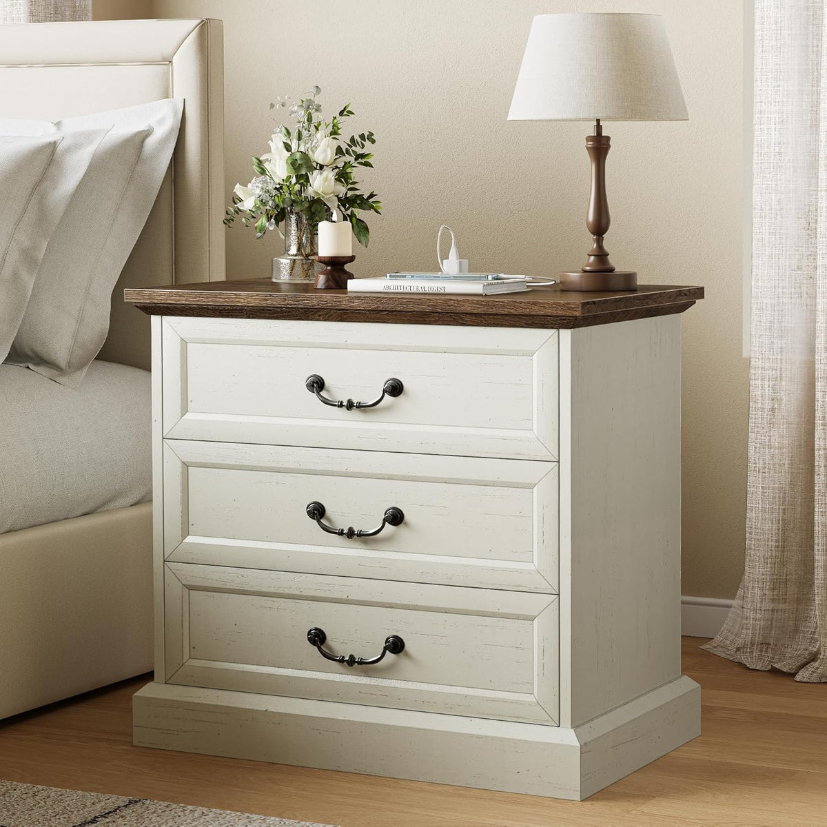 Huuger Nightstand with Charging Station, 3 Drawer Night Stand Set of 2, 22 Inch Wider Side Table with Storage, Farmhouse Nightstand with Vintage Handles, Thicken Base, for Bedroom, Distressed White