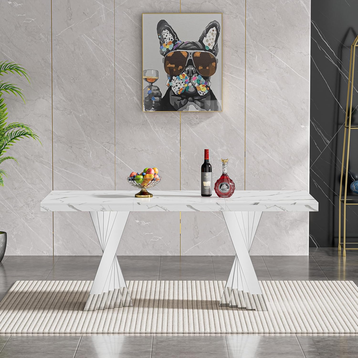 70" Faux Marble White Silver Dining Table for 6, Modern Dining Room Table with 0.71" Marble Printing MDF Top and Flash-Shaped Stainless Steel Base,Rectangular Large Kitchen Dinner Table
