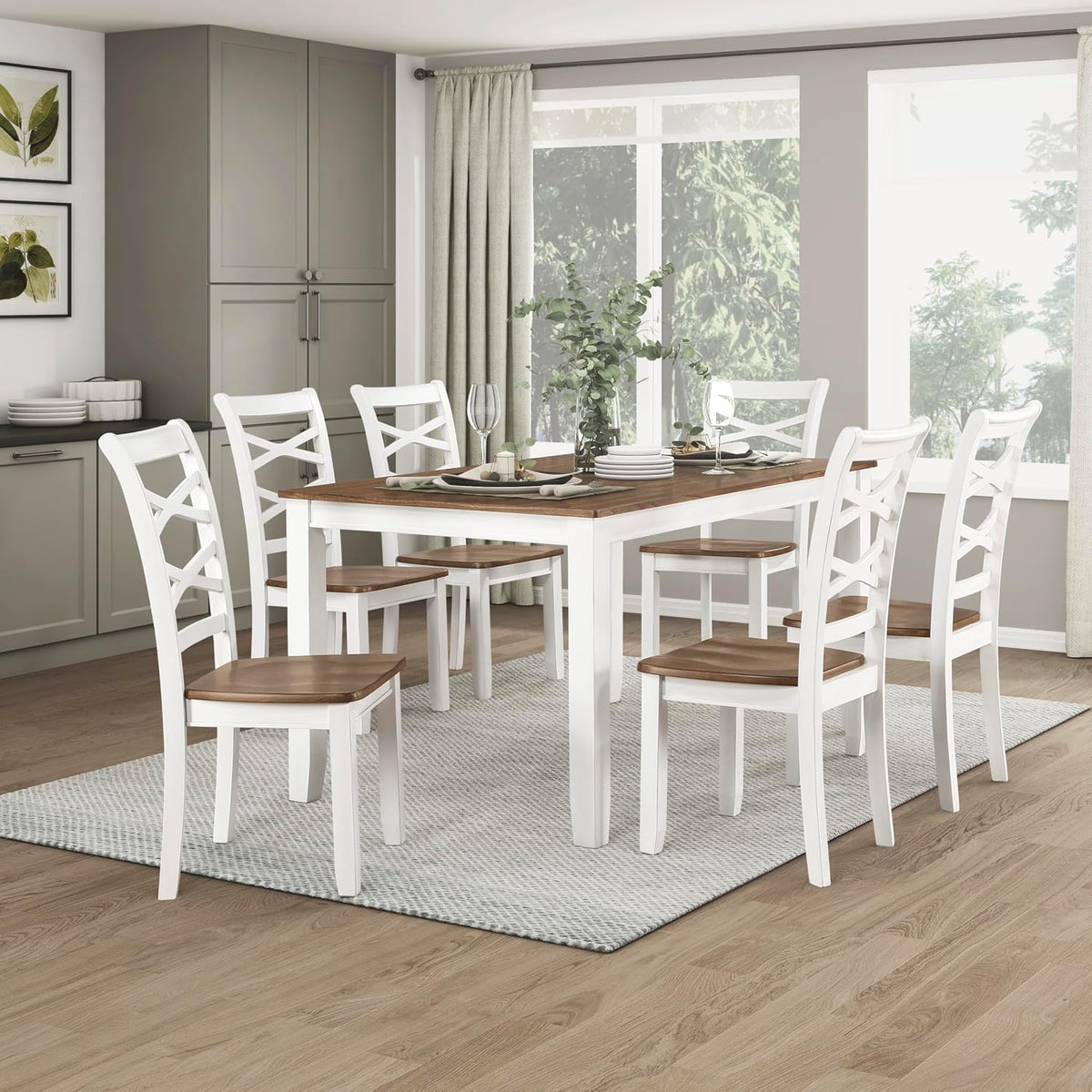 Lexicon 7-Piece Dining Set, Wooden Dining Table and 6 Chairs, Cherry/White | Farmhouse Dining Set, Rectagular Table, Cross Back Chairs, Easy Assembly Seater for Indoor Home, Dinner, Kitchen, 2-Tone