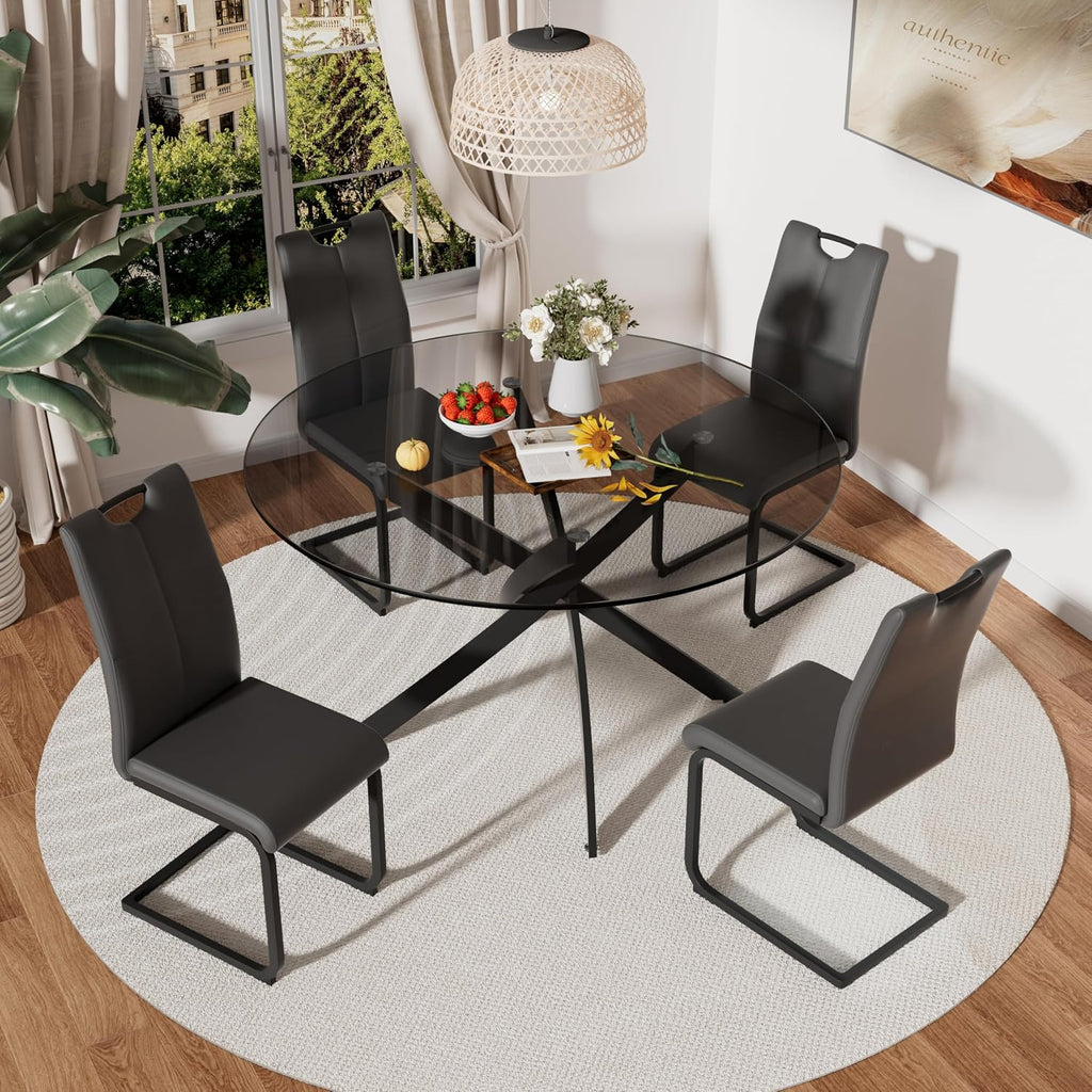 RGZ 5 Pieces Modern Round Kitchen Set, Clear Grey Circle Glass Dining Table with Dark Grey PU Faux Leather Chairs Set of 4, 47'' Large Luxury Circular Dinner Room Set, for Leisure Apartment (Black)
