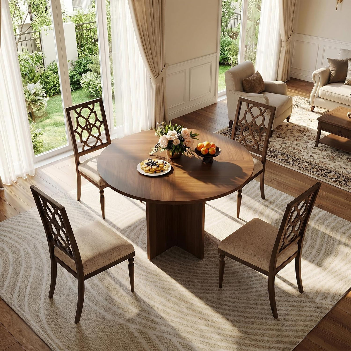 47 Inch Round Dining Table for 4-6 People, Rustic Circle Kitchen Table with X-Shaped Stable Pedestal, Dinner Table for Dining Room Kitchen Living Room, Walnut