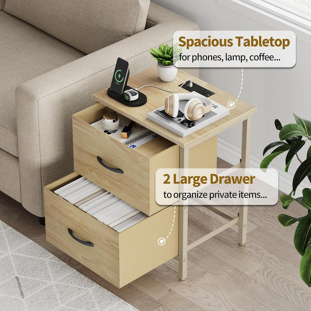 Vagusicc Nightstand Set of 2 with Charging Station, End Table Bedside Table with Power Outlet & USB Ports, Side Table with 2 Fabric Drawers for Bedroom, Living Room, Natural