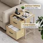 Vagusicc Nightstand Set of 2 with Charging Station, End Table Bedside Table with Power Outlet & USB Ports, Side Table with 2 Fabric Drawers for Bedroom, Living Room, Natural