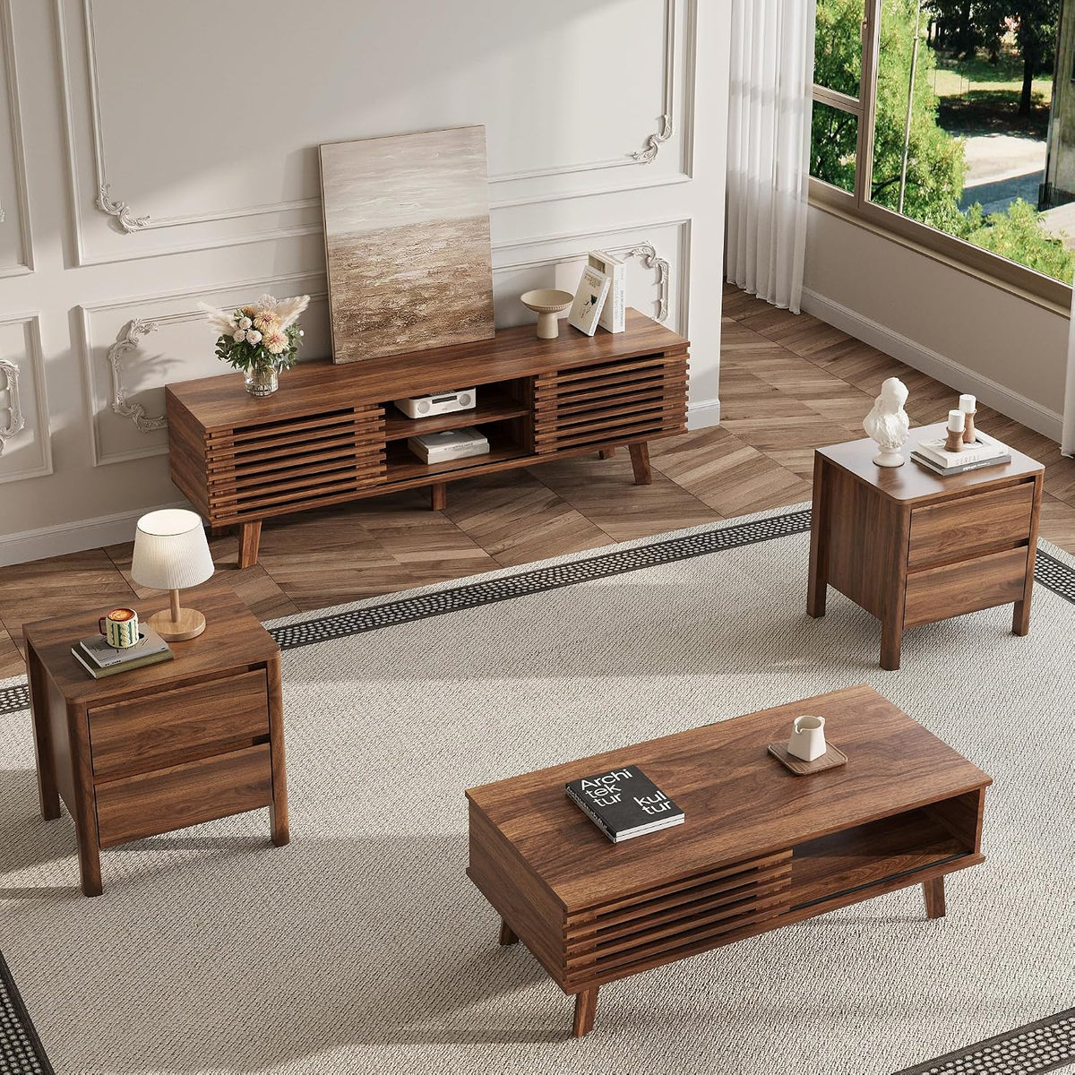 MAISONARIA Living Room Table Sets of 4, Mid Century Coffee Table & TV Stand & End Table Set of 2, Sliding Door Coffee Table and TV Stand with Storage, Modern End Table for Living Room, Walnut