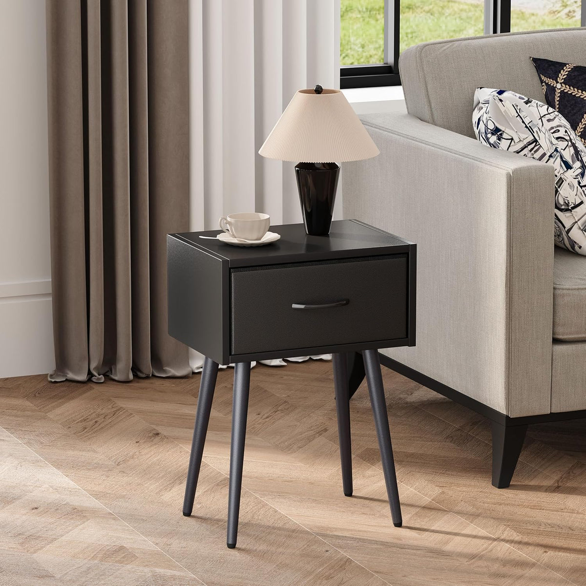 Small Black Nightstands Set of 2, Bedside Table with Fabric Drawer, Modern End Table with Metal Leg, Couch Side Table for Bedroom Living Room, Sofa, Office LNT504B