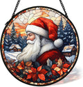 Christmas Santa Suncatcher Stained Glass Window Hanging Decor, Farmhouse Winter Xmas Santa Stained Glass Wall Decor, Christmas Garden Sun Catchers Indoor Window Hanging Wall Art Lawn, 7.9x7.9In
