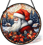 Christmas Santa Suncatcher Stained Glass Window Hanging Decor, Farmhouse Winter Xmas Santa Stained Glass Wall Decor, Christmas Garden Sun Catchers Indoor Window Hanging Wall Art Lawn, 7.9x7.9In