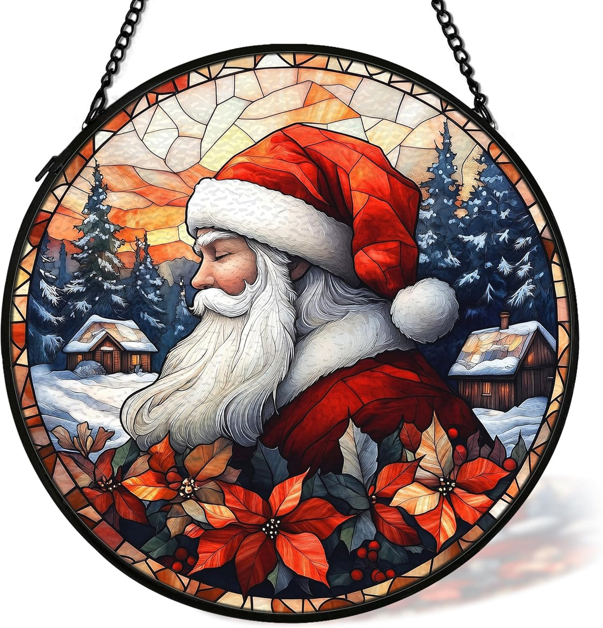Christmas Santa Suncatcher Stained Glass Window Hanging Decor, Farmhouse Winter Xmas Santa Stained Glass Wall Decor, Christmas Garden Sun Catchers Indoor Window Hanging Wall Art Lawn, 7.9x7.9In