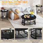 DKLGG 3-Piece Coffee Table and End Table Sets for Living Room, Round Coffee Table Set of 3 with Storage, Modern Farmhouse Rustic Living Room Table Set for Apartment Home Office, Black