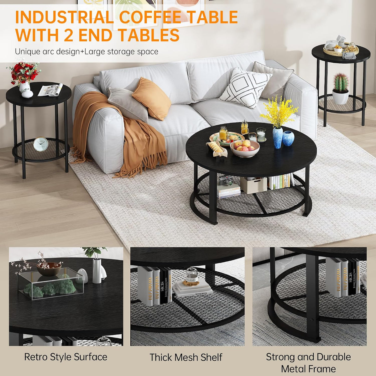 DKLGG 3-Piece Coffee Table and End Table Sets for Living Room, Round Coffee Table Set of 3 with Storage, Modern Farmhouse Rustic Living Room Table Set for Apartment Home Office, Black