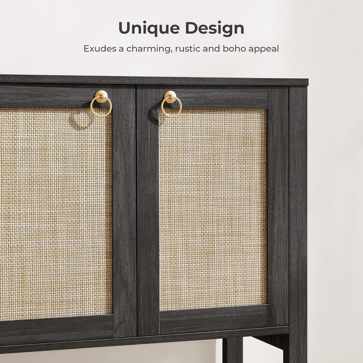 SICOTAS 55" Obsidian Sideboard Buffet Cabinet with Rattan Doors, Modern Industrial Coffee Bar Cabinet with Open Shelf, Black Wood Credenza & Console Table for Entryway, Kitchen, Dining Room