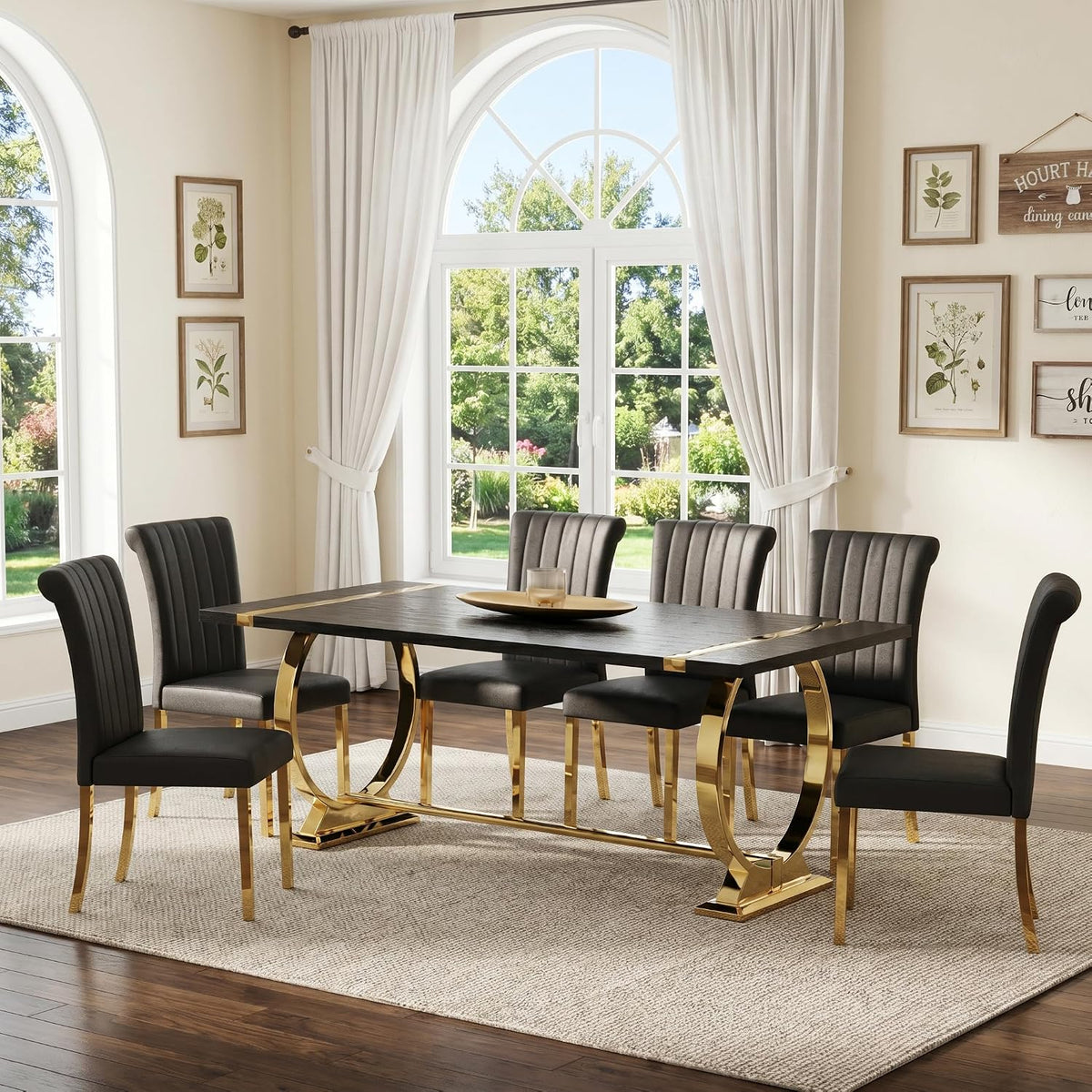 Asday 77" Wooden Dining Table for 6-8, Modern Rectangular Large Kitchen Table with Gold Polished Stainless Steel U-Shaped Base for DiningRoom Kitchen Dinner Home