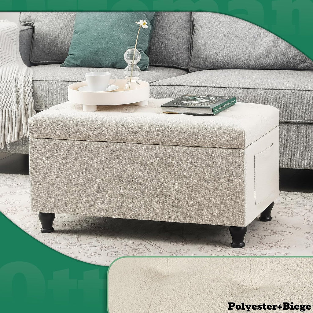 32'' Beige Fabric Upholstered Ottoman Storage Bench | Upholstered Ottoman with Storage for Living Room , Bedroom, Entrance Foot Rest Stool Shoe Bench Ottomans Footstools Couch