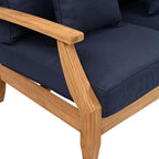SAFAVIEH Couture Outdoor - Martinique 3-Seat Sofa - Natural & Navy - Teak Wood - Slatted Coastal Design - Ideal for Patio, Deck, Porch, Backyard, 18.3" Seat Height (CPT1013J)