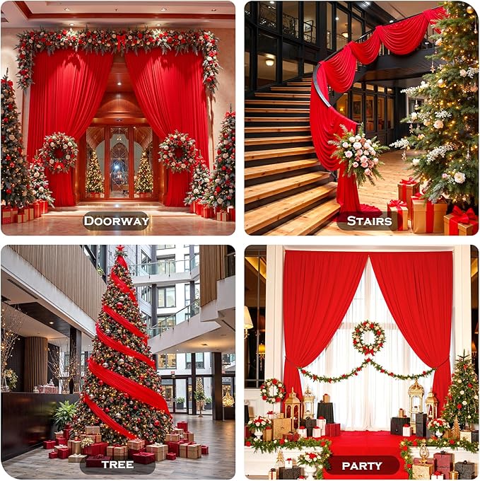 PartyVillage 50ft×15ft Red Backdrop Curtain for Wedding Parties, 10 Panels Wrinkle Free 15 FT Long Polyester Photo Backdrop Drapes Back Drop Cloth for Birthday Photography Background