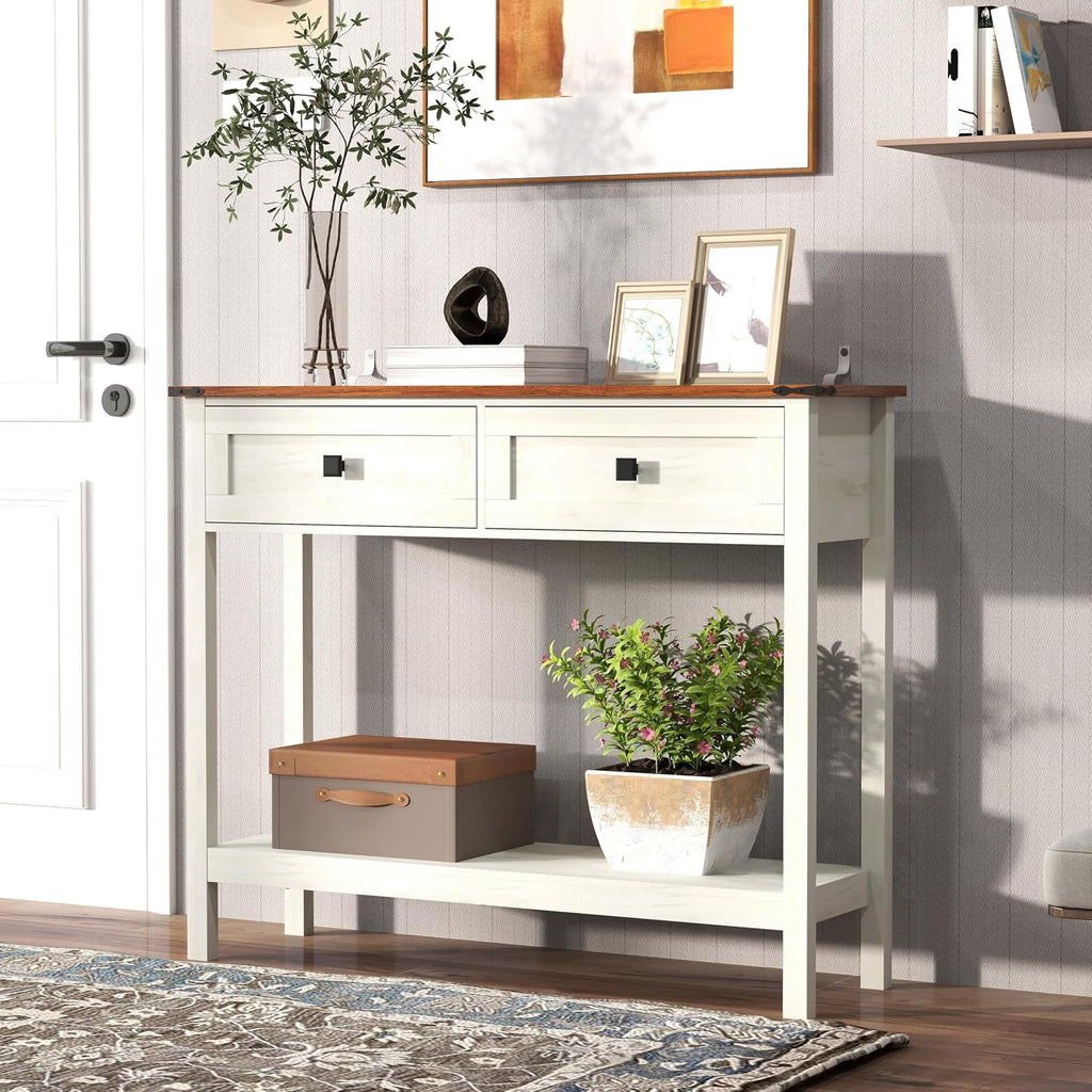 Knocbel Small Console Table with 2 Drawers with Metal Handles, Farmhouse Side Tables with Brown Woodgrain Top and Bottom Shelf for Entryway Living Room, 39.37" W x 11.61" D x 32.08" H, Antique White