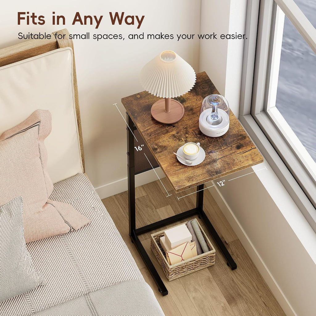 Vagusicc C Shaped End Table, Small Side Table for Couch, Tall Couch Side Table C Table for Small Space, TV Tray Slide Under Sofa Snack Table with Metal Frame for Living Room, Bedroom, Bedside, Brown