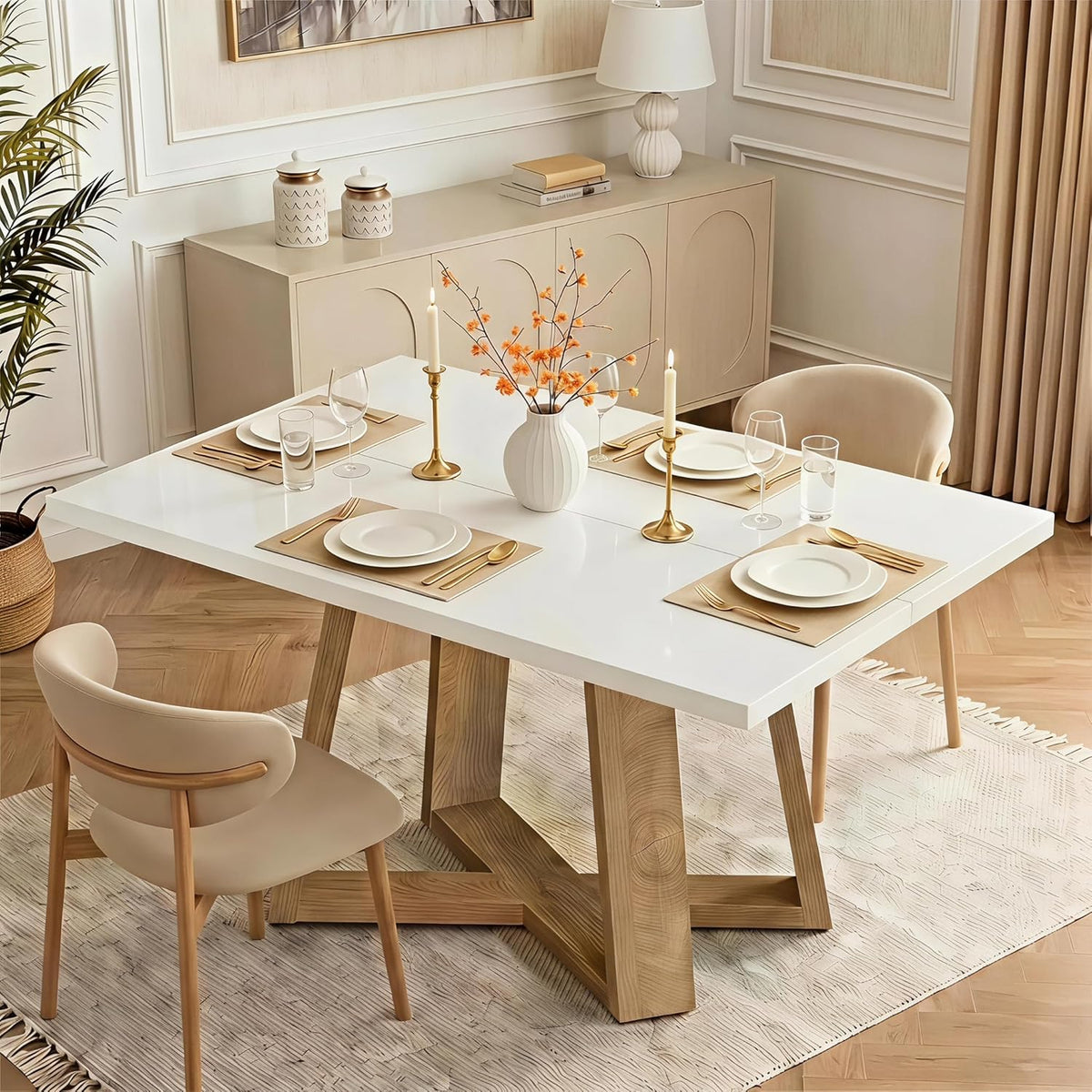 Tribesigns Dining Table for 4, 47.3 Inch Rectangular Farmhouse Kitchen Table with Gloss White Tabletop & Natural Wood Legs, Perfect for Kitchen, Dining Room, Living Room, or Apartment