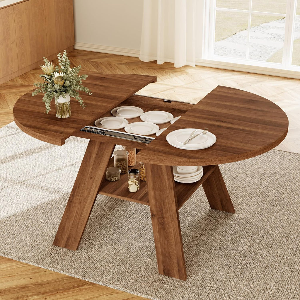 HIPIHOM 43"-59" Extendable Round Dining Table for 4-6, Walnut | Oval Kitchen Table for 4-6, Removable leaf & Storage Shelf, Space-saving for Kitchen, Living Room