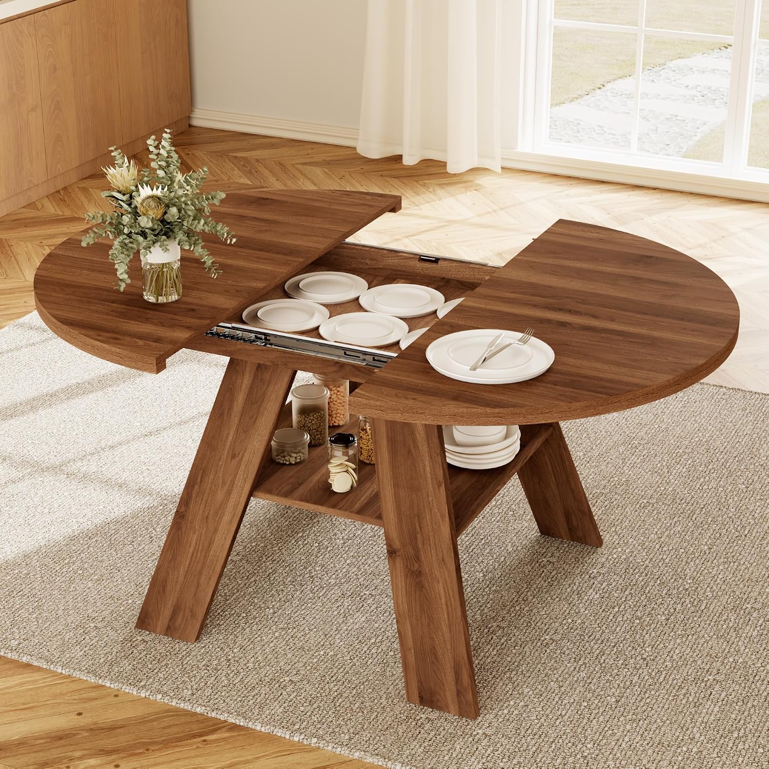 HIPIHOM 43"-59" Extendable Round Dining Table for 4-6, Walnut | Oval Kitchen Table for 4-6, Removable leaf & Storage Shelf, Space-saving for Kitchen, Living Room