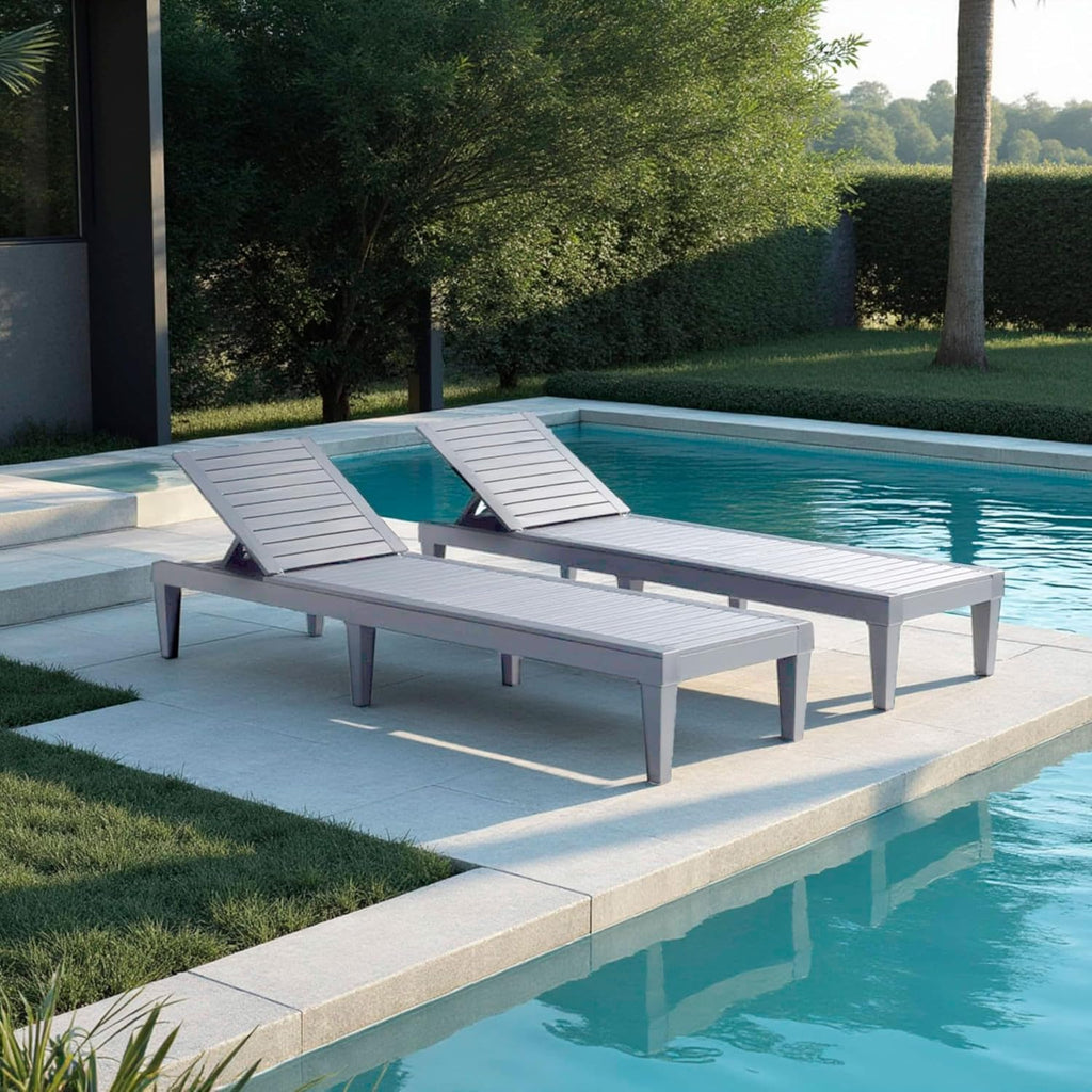 Nestl Lounge Chair Outdoor, Tanning Chair, Chaise Lounge Outdoor Set of 2 | 5 Adjustable Positions, Waterproof & Weatherproof Resin, Reclining & Lightweight, For Poolside, Beach, and Lawn, Grey