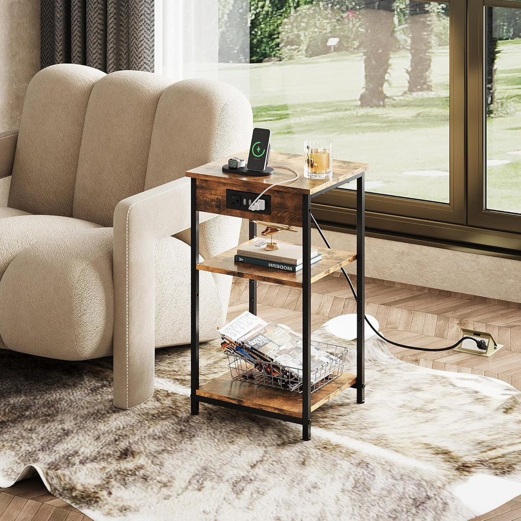 WLIVE End Table with Charging Station, Small Night Stand with Storage Adjustable Shelf, Side Tables for Small Spaces, Bedside Tables for Living Room, Bedroom, Rustic Brown