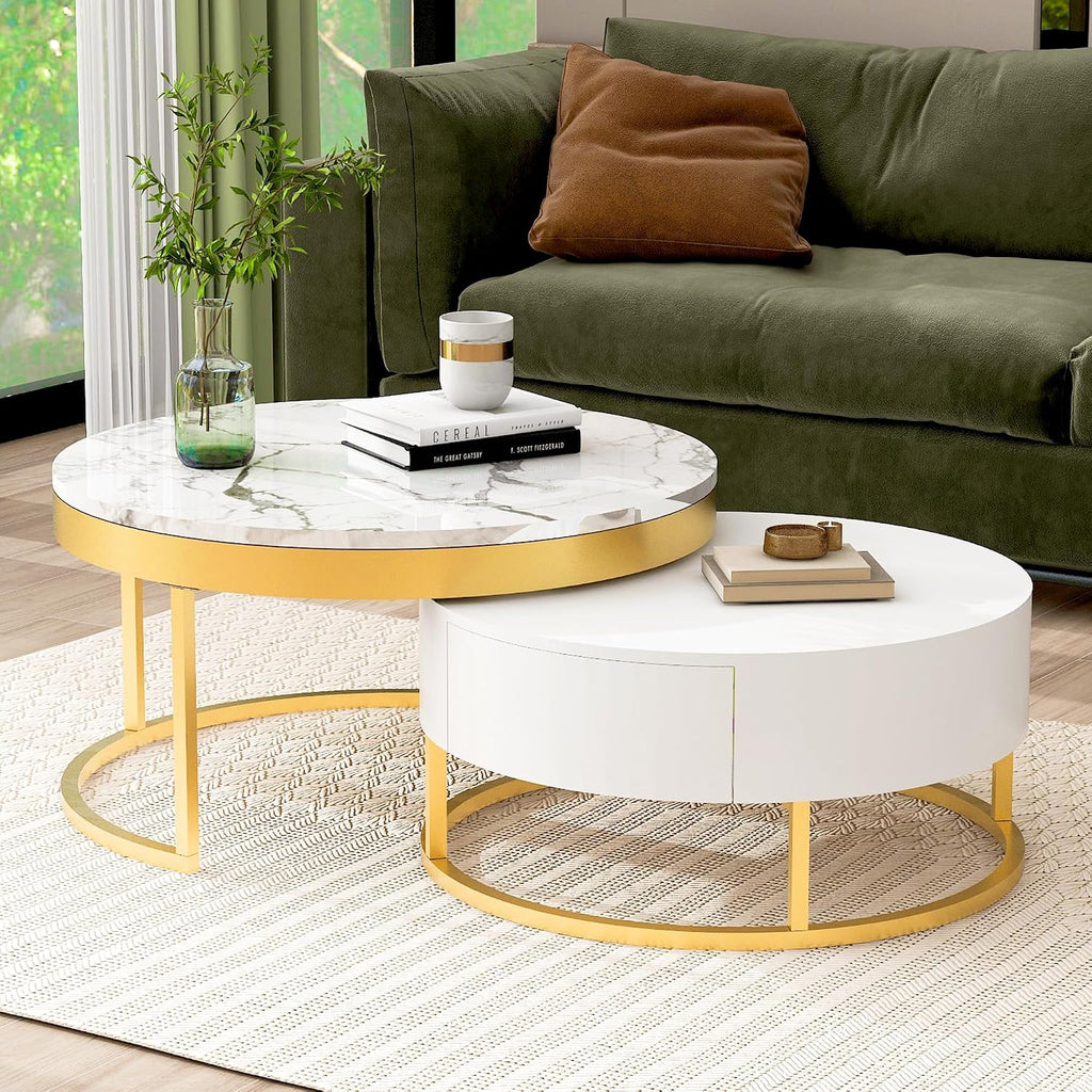 32" Space Saving Nesting End Table, Nesting End Tables with Storage Drawers, Coffee Table Set with Sleek Modern Design for Versatile Home Usage, Golden+White