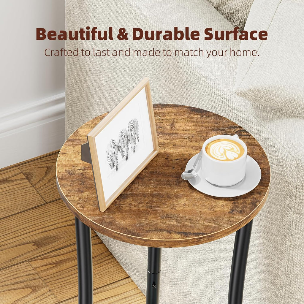 Simple Trending Round Side Table, 2 Tiers End Table for Living Room with Storage Shelf, Slim Sofa Table Set of 2, Rustic Brown