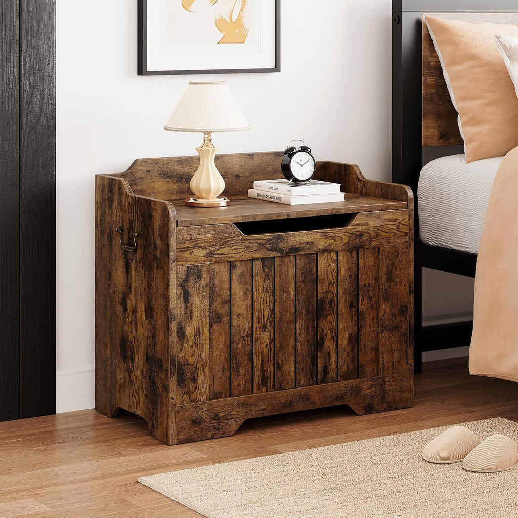 Garvee Storage Chest, Wooden Storage Bench with Safety Hinge, Flip Top Blanket Chest Trunks, Supports 350 Lb, for Entryway, Living Room, Bedroom (Rustic Brown, 24.8" L x 14" W x 22" H)