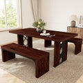 HIPIHOM 3-Piece Dining Table Set for 6 People, Walnut Table with 2 Benches | Thick MDF Tabletop, Rectangle Kitchen Table Set with Metal Legs for Breakfast Nook, Dining Room, Kitchen, Apartment