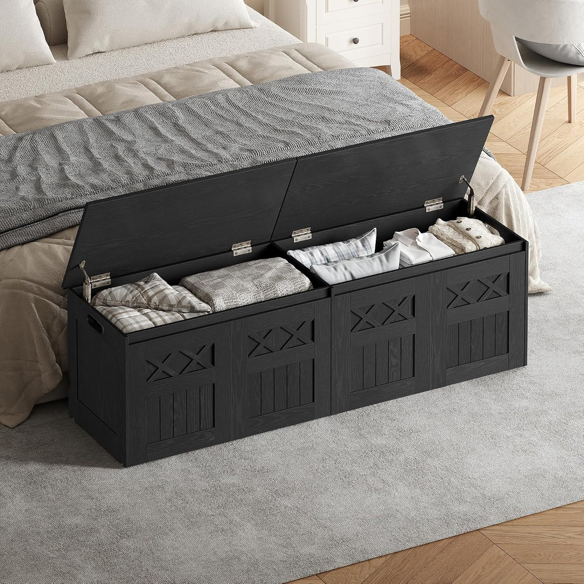 Hzuaneri 59" Rustic Storage Chest and Bench | 70 Gal | 330lb Seat | Soft-Close Hinges | Rustic Black | Shoe and Blanket Storage for Bedroom, Living Room, Entryway | SB51504X
