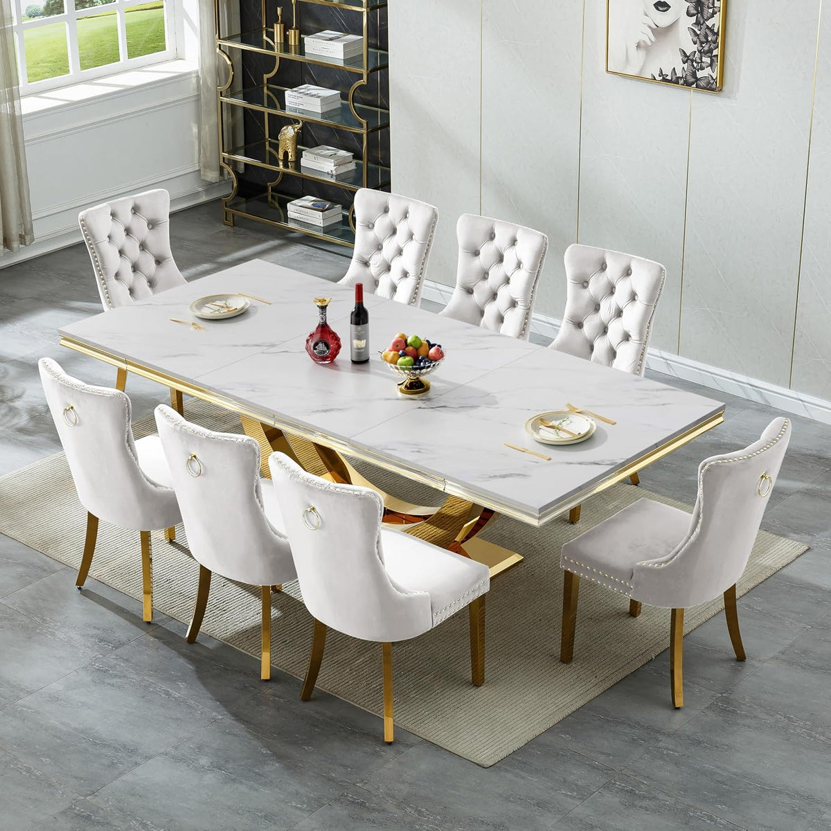 94 in Luxury Faux Marble Dining Table for 6 8 10 People, White Faux Marble Dining Table with Gold U Shaped Stainless Steel Base, Large Rectangular Modern Kitchen Dining Room Table for Family Gathering