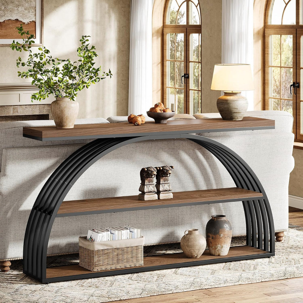 Tribesigns 63-Inch Console Table for Entryway, Farmhouse Entryway Table with Arched Frame, 3-Tier Industrial Sofa Console Behind The Couch for Living Room, Foyer, Hallway, Rustic Brown & Black