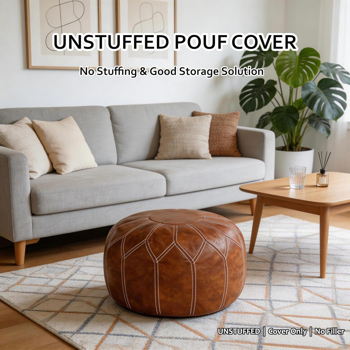 Thgonwid Round Unstuffed Pouf Cover, Faux Leather Storage Ottoman, Boho Moroccan Foot Stool, Multi-Purpose Home Decor for Living Room, Bedroom and Balcony, Brown, No Filling Included