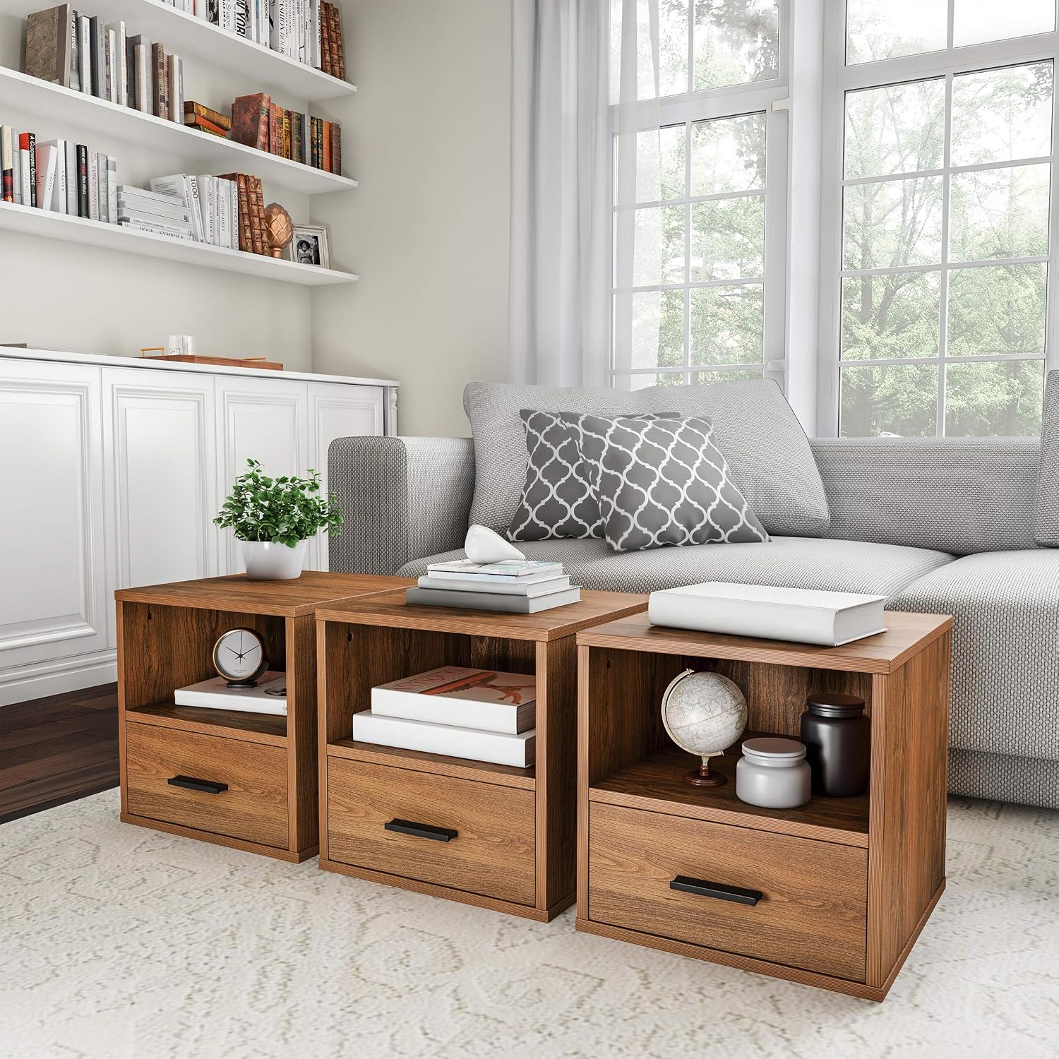 Lavish Home Side Table with Storage - Set of 2 Minimalist Modern Nightstand or End Table with Drawer - Stackable Modular Accent Furniture for Bedroom, Living Room, or Office (Brown Woodgrain)