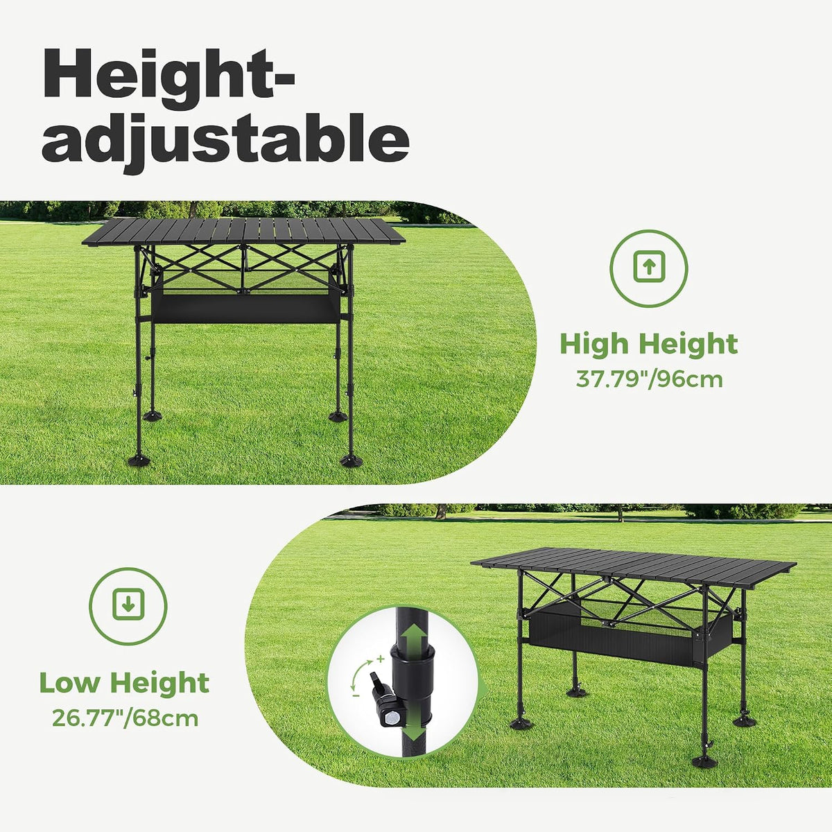 LET'S CAMP Folding Camping Table, Aluminum Roll-up Picnic Backpacking Table | Adjustable Height Camping Table Portable Picnic Dining Table Folding Card Table w/Handle Lightweight for Indoor Outdoor