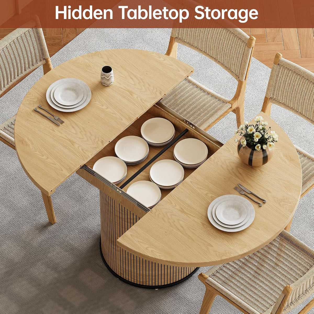 Extendable Dining Room Table Round Dining Table for 4 6 8, 43"-59" Modern Wood Kitchen Table with Removable Leaves Extendable Dinner Tables|Living Room|Small Space